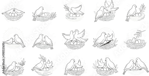 Tableau sur toile Title
Vector line art collection of bird nest vignettes featuring avian pairs eg