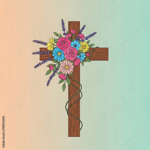 Brown Wooden Cross with Colorful Flowers 1.