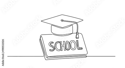 Graduation Cap on Book with 'SCHOOL' text, Education Concept