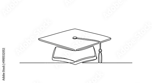 Graduation Cap and Tassel on a Book, Minimalist Line Art, Education Concept