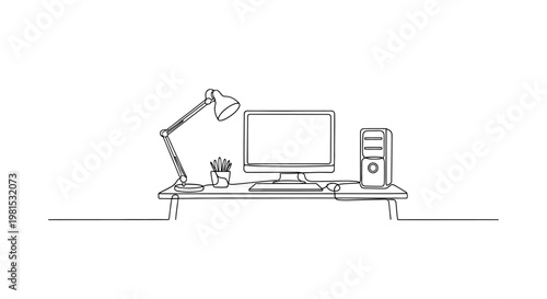 Minimalist Desk Setup: Computer, Lamp, and Plant in Continuous Line Art Style