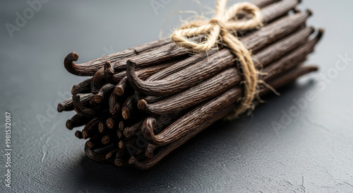 Gourmet vanilla beans tied with twine showcasing rich aroma and flavor for baking and culinary use against dark gray backdrop
