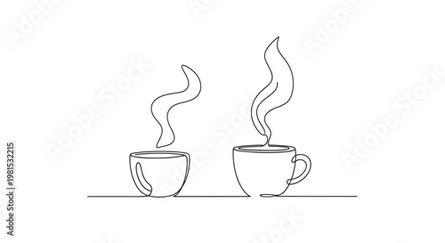 Minimalist single line drawing of two steaming coffee cups, one with a handle, one without.