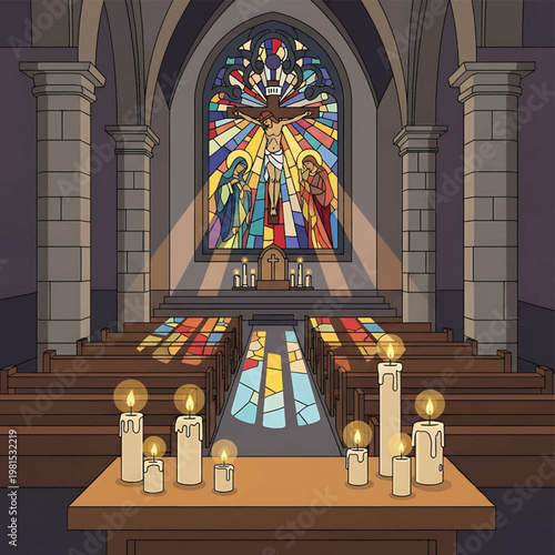 Colorful stained glass church window.