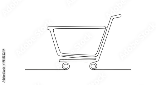 Minimalist Single Line Drawing of a Shopping Cart on a White Background
