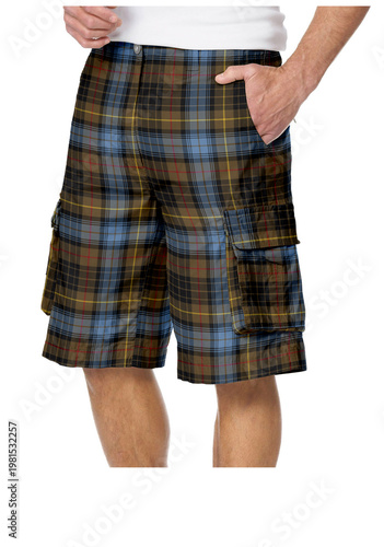 Men's blue and mustard yellow plaid shorts casual summer walking shorts isolated on white background.