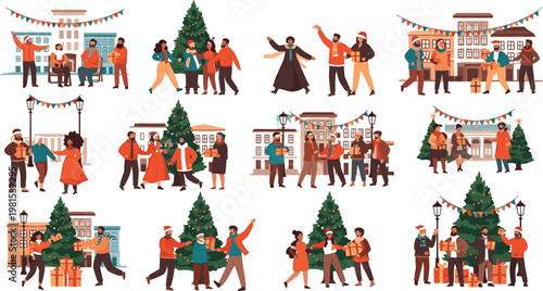 Vector set of festive holiday community vignettes featuring people decorating trees and exchanging gifts.Vector set of festive holiday community 