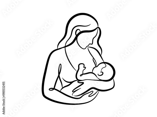 Minimalist Line Art Illustration of a Mother Breastfeeding her Newborn Baby - Maternal Care and Bonding Concept