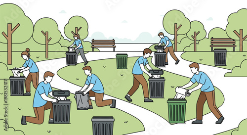 People cleaning park trash bins with care.