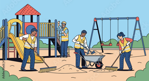 People cleaning playground equipment and grounds.