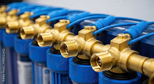 Brass valves and blue lines connected in a row plumbing and industrial equipment close-up shot; system for water purification filtration technology