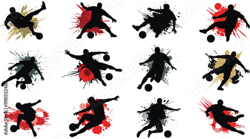 Vector soccer player silhouettes with dynamic paint splatter backgrounds in action poses.Vector soccer player silhouettes with dynamic paint splatter backgrounds in action poses.