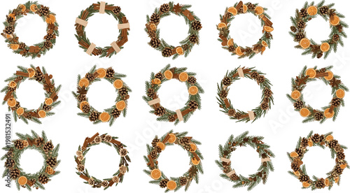 Vector set of rustic winter wreaths featuring dried oranges, cinnamon sticks, and pine cones.Vector set 