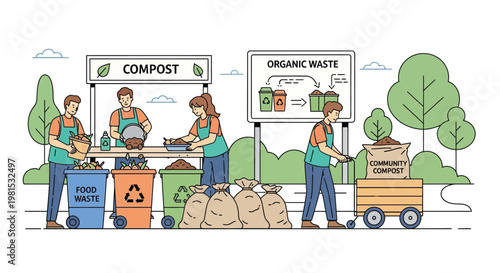 People composting organic waste and sorting recyclables.