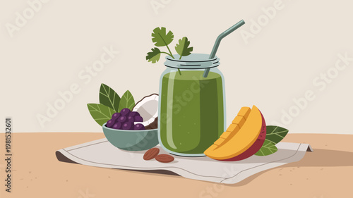 A vibrant illustration of a green smoothie with fresh fruits and ingredients on a table