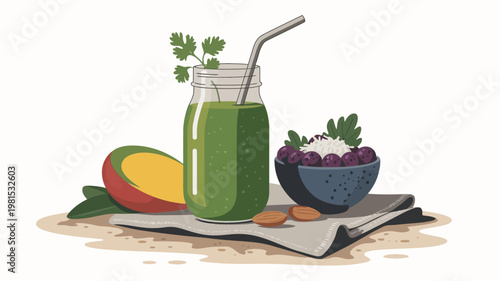 A vibrant illustration of a green smoothie with fresh fruits and nuts on a napkin