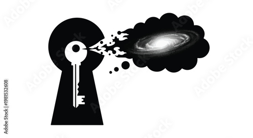 Keyhole with a key emits a galaxy inside a thought bubble representing unlocking hidden potential ideas.