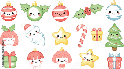 ector set of cute Kawaii Christmas characters featuring smiling ornaments trees and festive holiday icons.ector set of cute Kawaii Christmas 