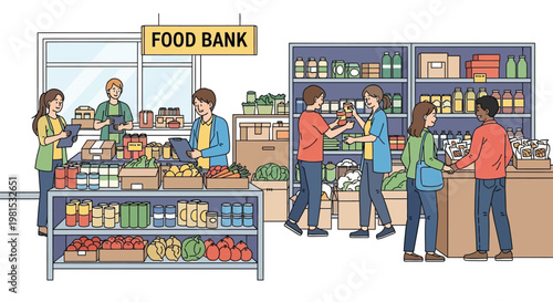 People receiving food donations at a community food bank.