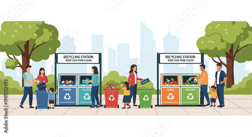 People recycling waste at a modern recycling station.