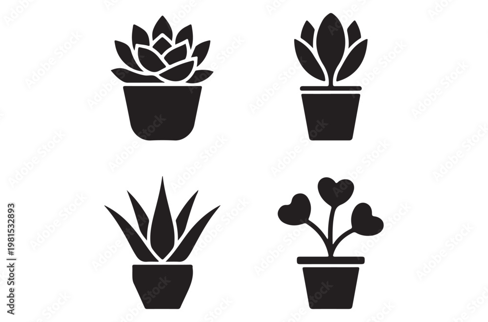 Fototapeta premium Four potted succulent plants displayed as simple black silhouettes
