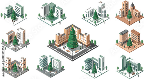 Isometric vector set of urban city squares with decorated Christmas trees and modern architecture.Isometric vector set of urban city squares with decorated Christmas trees and modern architecture.