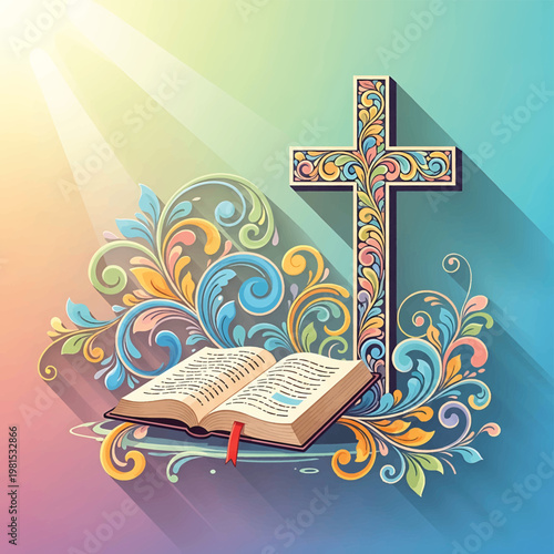 Holy Bible and Decorative Cross Symbol.