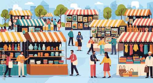 People shopping at an outdoor market stalls.