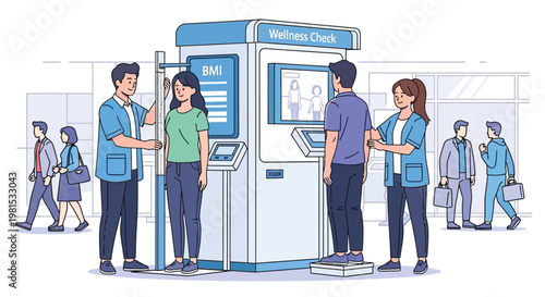 People using self-service kiosk for health check.