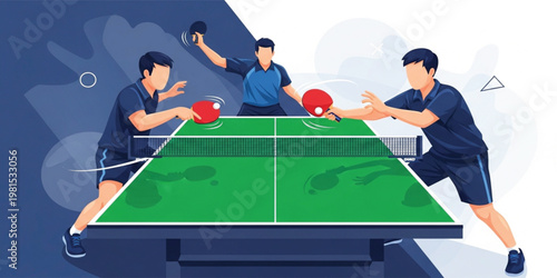 Dynamic Table Tennis Players Action Illustration Showing Multiple Ping Pong Shots, Professional Athletes Training and Competing in Indoor Sports Scene with Motion Effects