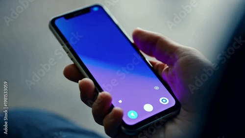 Person holding smartphone with green screen in hand indoors