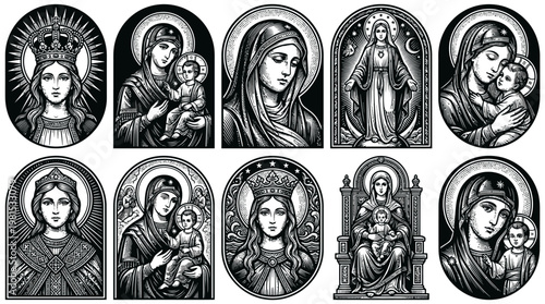 Set of 10 Vintage Woodcut Style Virgin Mary and Madonna with Child Illustrations, Catholic Religious Icons in Monochrome Engraving Art for Church and Spiritual Design