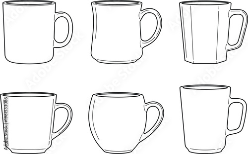 Collection of simple mug outlines with variety in shape and proportion outlines collection drinkware beverage container