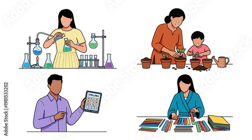 Educational and STEM Learning Illustrations Set Featuring Science, Gardening, Digital Literacy, and Organization Skills