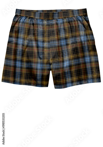 A collection of casual summer apparel including blue shorts and plaid check pants isolated on white, showcasing stylish cotton textile garments and fashion clothes for men and children