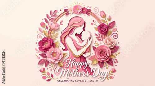 Elegant Happy Mother's Day Paper Cut Style Illustration with Mother Holding Baby and Floral Frame