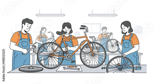 People working together repairing bicycles in a workshop.