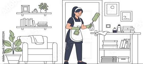 Housekeeping Woman Cleaning Living Room Interior with Duster and Spray Bottle Surrounded by Furniture and Home Decor Flat Vector Illustration