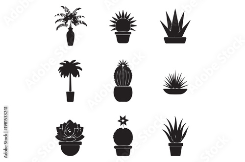 Black and white silhouettes of various potted desert plants and succulents
