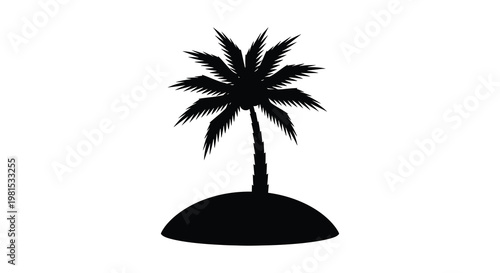 A solitary palm tree on a small island depicted as a striking silhouette