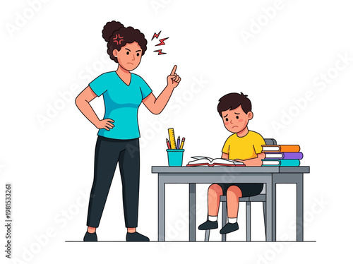 Angry Mother Scolding Sad Son Doing Homework Vector Illustration