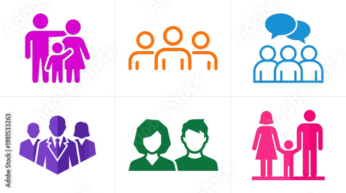 Set of People and Family Icons for Business, Social Media, and Communication - Flat and Outline Vector Avatars