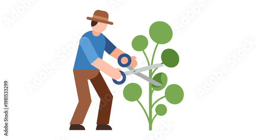 Man pruning green plant with shears.