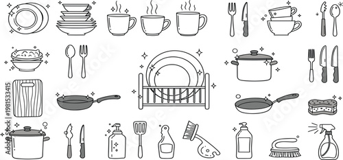 Kitchen Cleaning and Dishwashing Icons Set with Plates Cups Utensils Cookware and Cleaning Supplies in Hand Drawn Outline Vector Illustration