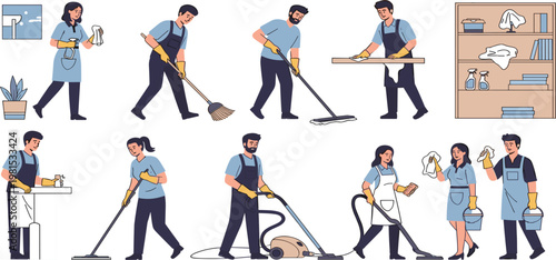 Professional Cleaning Staff Performing Housekeeping Tasks with Tools and Equipment in Home and Office Environment Flat Vector Illustration Set