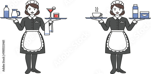 Professional Waitress Character Serving Drinks and Food with Tray in Restaurant Hospitality Uniform Flat Vector Illustration Isolated on White Background