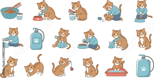 Vector collection of cute cat cafe vignettes featuring felines enjoying coffee cake and bistro dining in a whimsical flat design styleVector collection of cute 