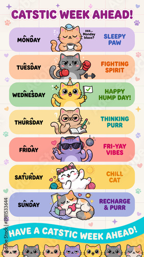 A whimsical mood tracker for a cat’s week, depicting the feline’s emotional journey from the Monday blues to the weekend’s pure bliss and relaxation.