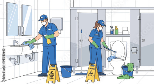 Professional Cleaners Maintaining Hygiene in a Public Restroom.