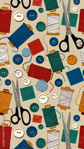 A vibrant and playful pattern featuring sewing essentials that inspire creativity and craftsmanship in every stitch!